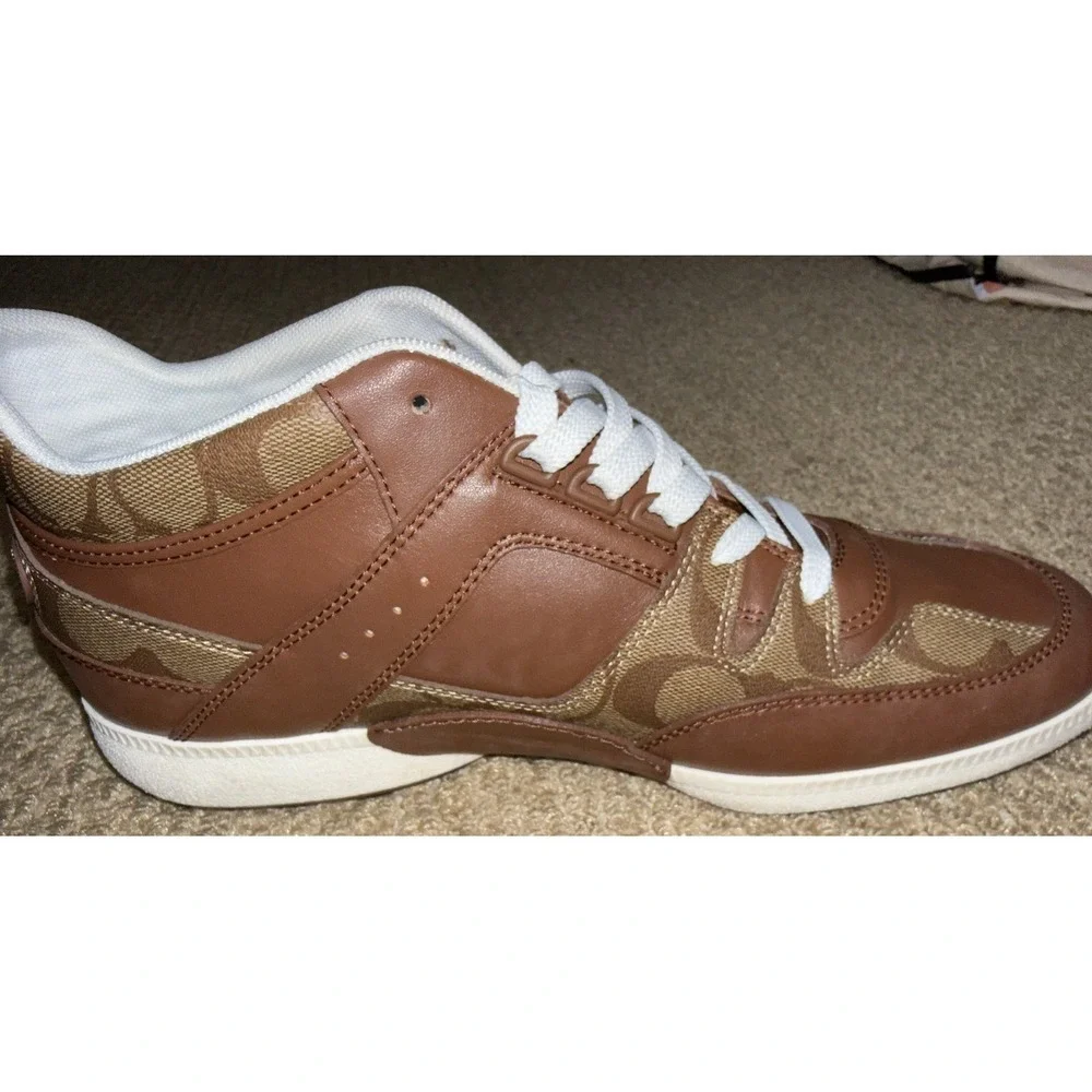 Coach Mens Signature Monogram Leather Low Top Sneakers Brown White Size 11